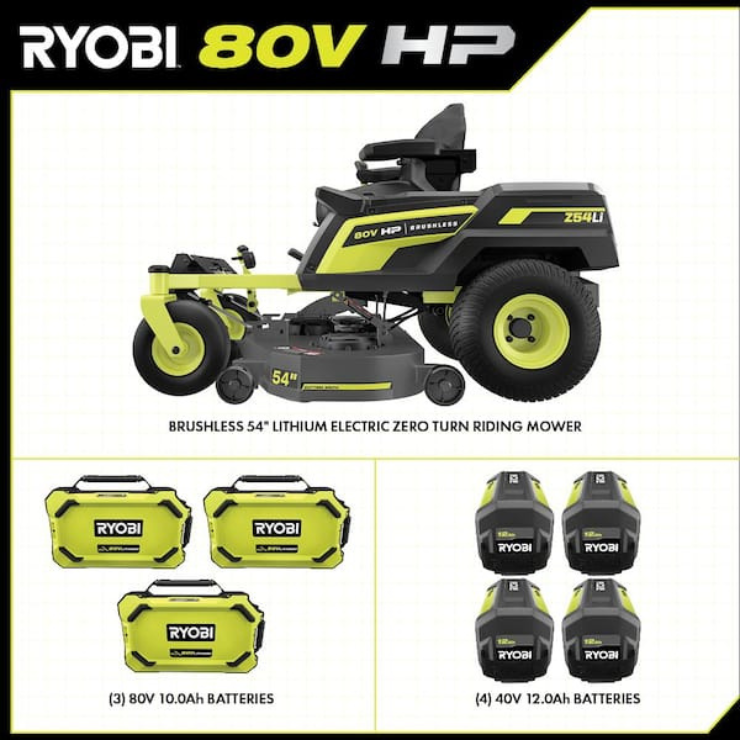 RYOBI 80V HP Brushless 54-Inch Battery Electric Zero Turn Riding Lawn Mower