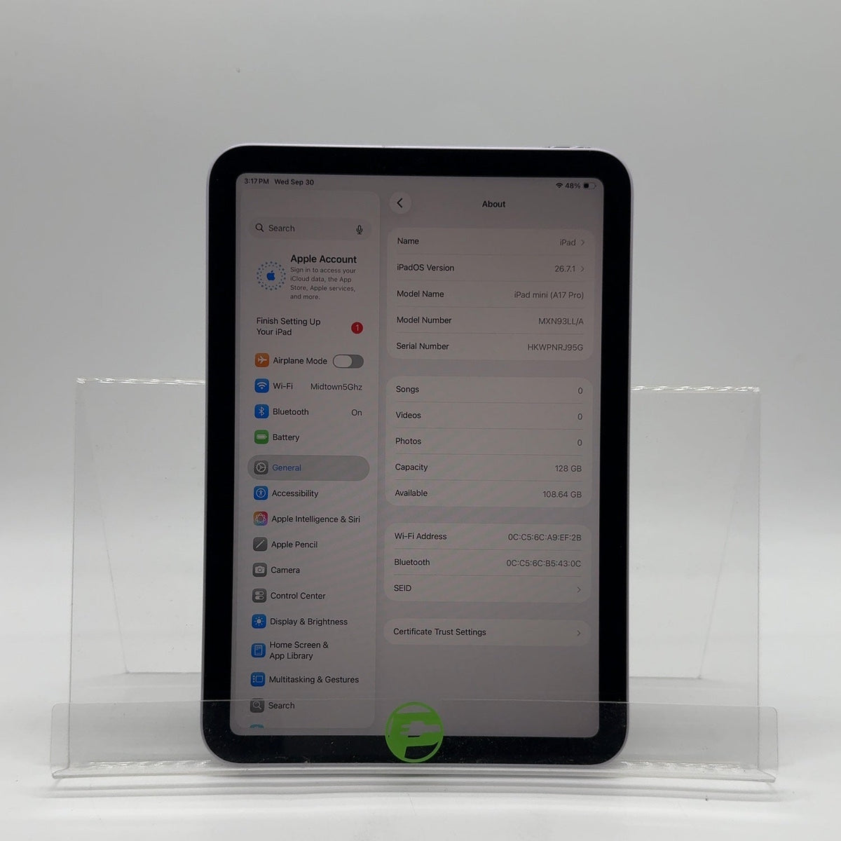 WiFi Only Apple iPad Mini (A17 Pro) 128GB Purple MXN93LL/A
