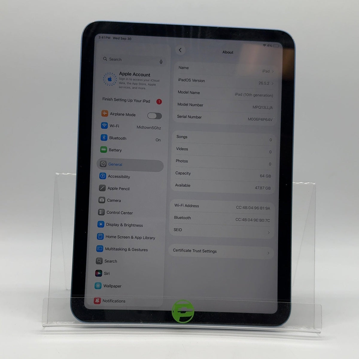 WiFi Only Apple iPad 10th Gen 64GB Blue MPQ13LL/A