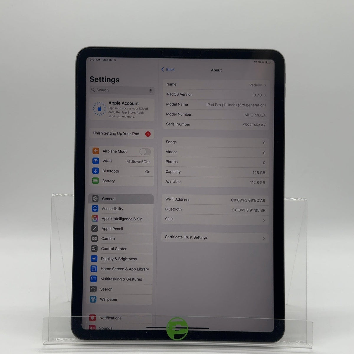 WiFi Only Apple iPad Pro 11" 3rd Gen 128GB Space Gray MHQR3LL/A