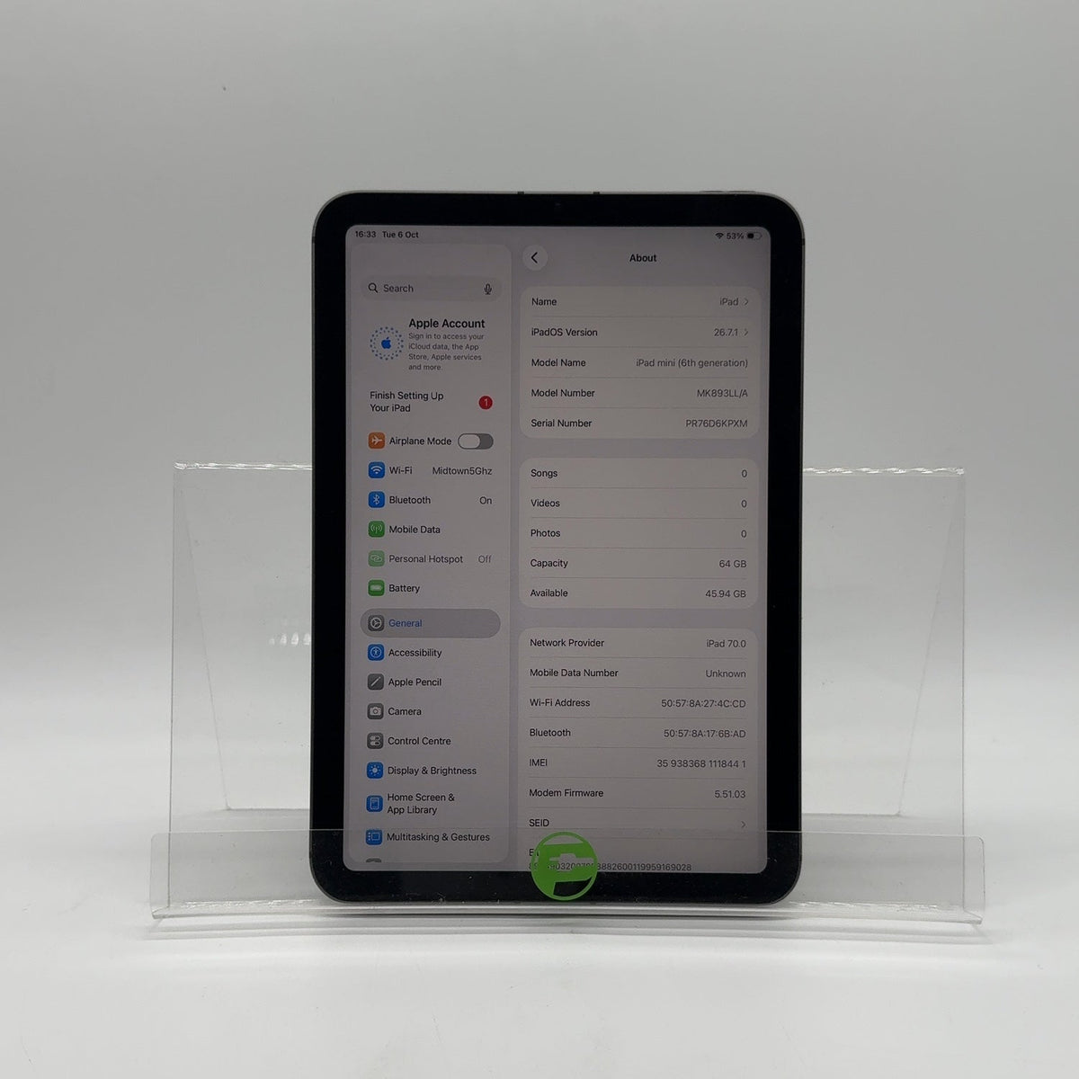 WiFi Only Apple iPad Mini 6th Gen 64GB Space Gray MK893LL/A
