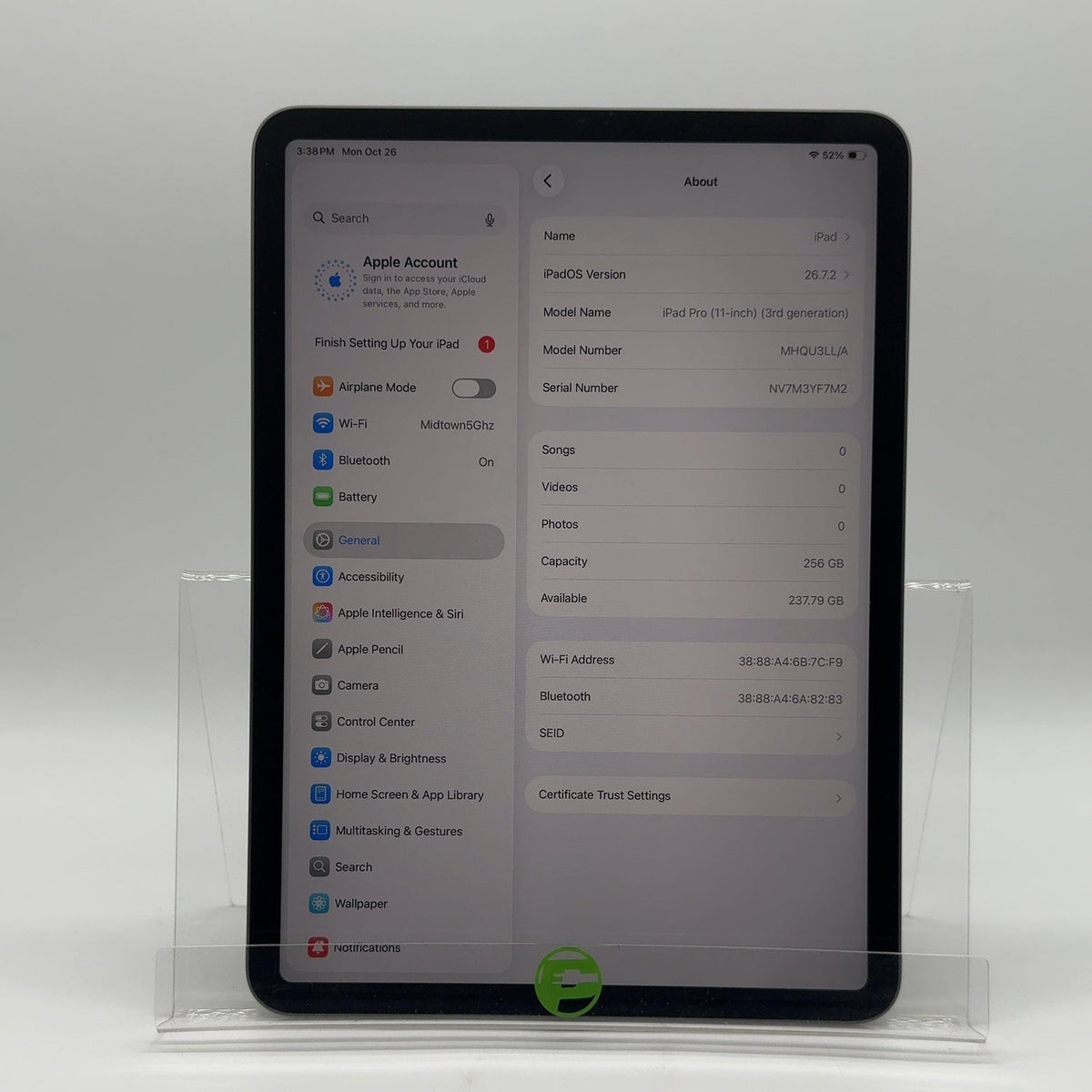 WiFi Only Apple iPad Pro 11" 3rd Gen 256GB Space Gray MHQU3LL/A
