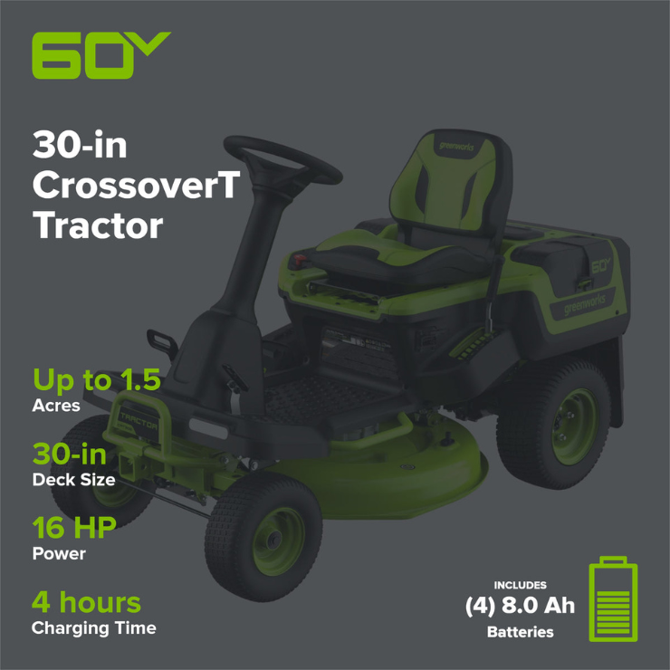 Greenworks 60V 30-Inch CrossoverT Electric Riding Lawn Tractor
