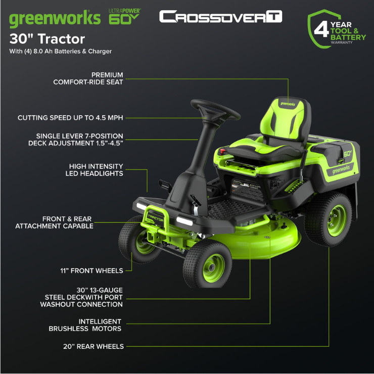 Greenworks 60V 30-Inch CrossoverT Electric Riding Lawn Tractor