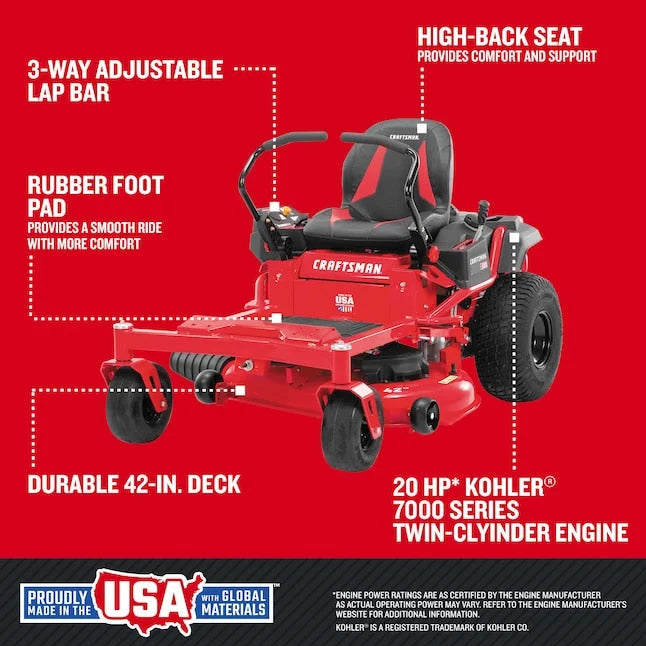 CRAFTSMAN Z5200 | 42 in Gas Zero-Turn Riding Lawn Mower | 20HP Kohler 7000 Twin-Cylinder Engine | High Back Seat